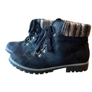 Joe Boxer Rhonda Hiking Combat Boots Size 11 Black Knit Cuff lace Up Lug Sole